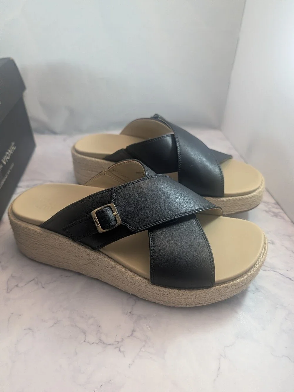 Abeo Solstice Cross Sandals Women 9.5 Black Leather Espadrille Wedge Slide New